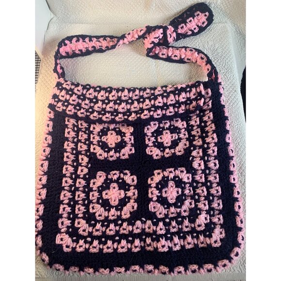 Handmade Pink & Navy Hand Crocheted Fabric Lined Handbag - Picture 8 of 14